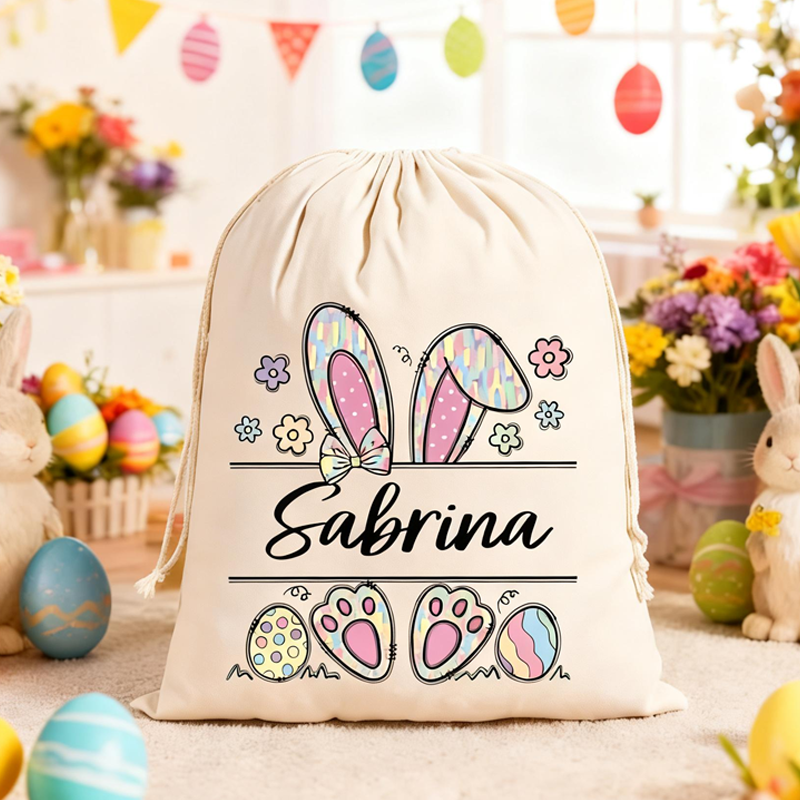 Personalized Bunny Drawstring Bags Custom Name Bunny Designs for Egg Hunts Easter Party Favors Bunny Drawstring Bags Reusable Easter Bags