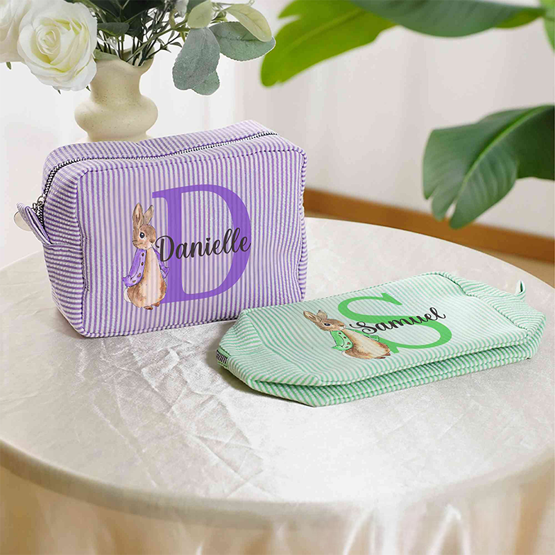 Personalized Name Rabbit Bunny Alphabet Striped Makeup Bag Travel Toiletry Pouch Birthday Easter Gift for Her Girls 