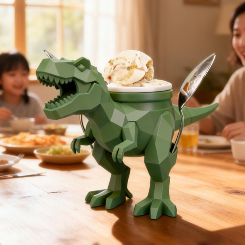 Dinosaur Theme Custom Name Cool Green T Rex Ice Cream Holder 3D Printed Cozy with Spoon Slot