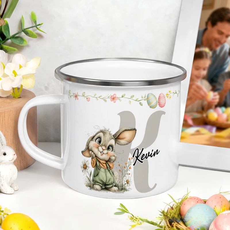 Personalized Cartoon Easter Bunny Initial 12 oz Colored Rim Enamel Mug with Name Easter Gift for Boys and Girls