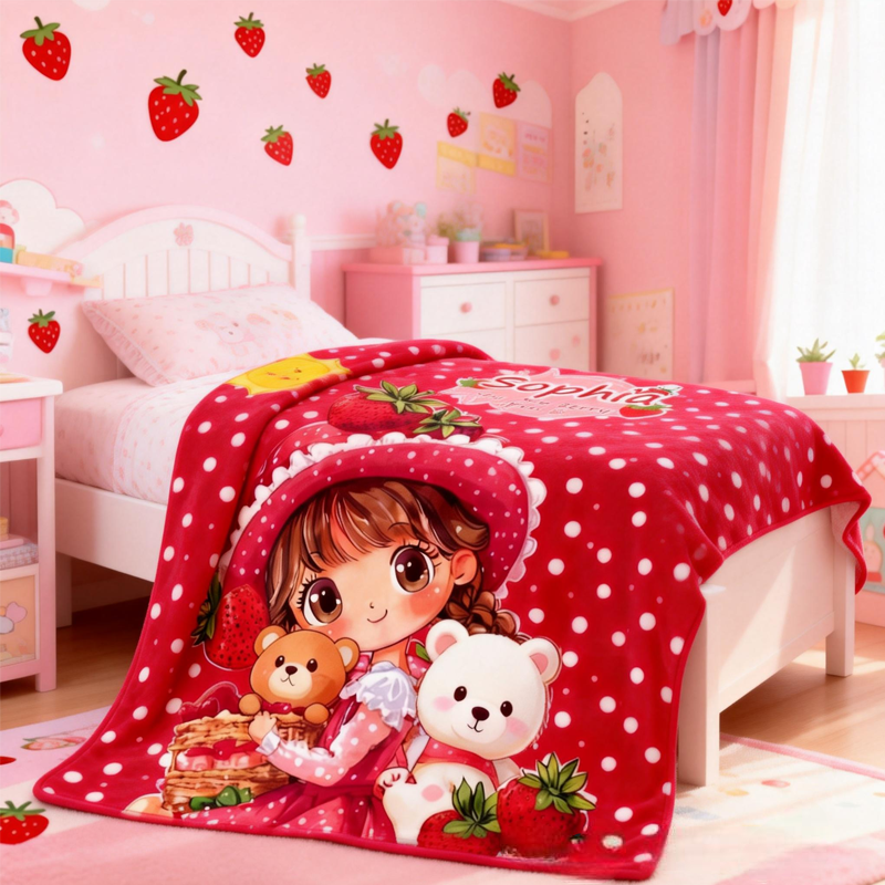 Personalized Strawberry Themed Blanket with Name Home Decor Birthday Gift for Kids 