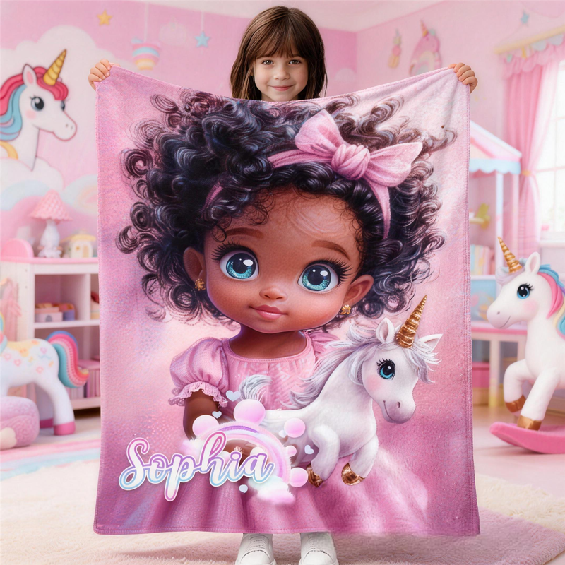 Personalized Little Black Princess Themed Blanket with Name Home Decor Birthday Gift for Kids 