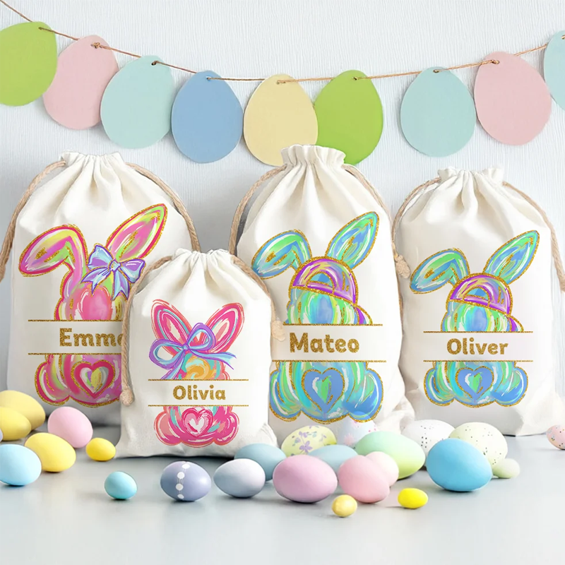 Personalized Cute Easter Bunny Drawstring Gift Bag with Name Easter Party Birthday Gift for Kids Family