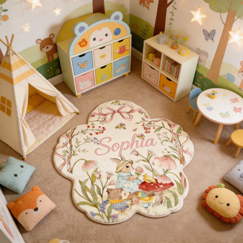 Personalized Woodland Theme Custom Name Cute Animal Forest Scene Soft Flower Shape Carpet Rug for Kids