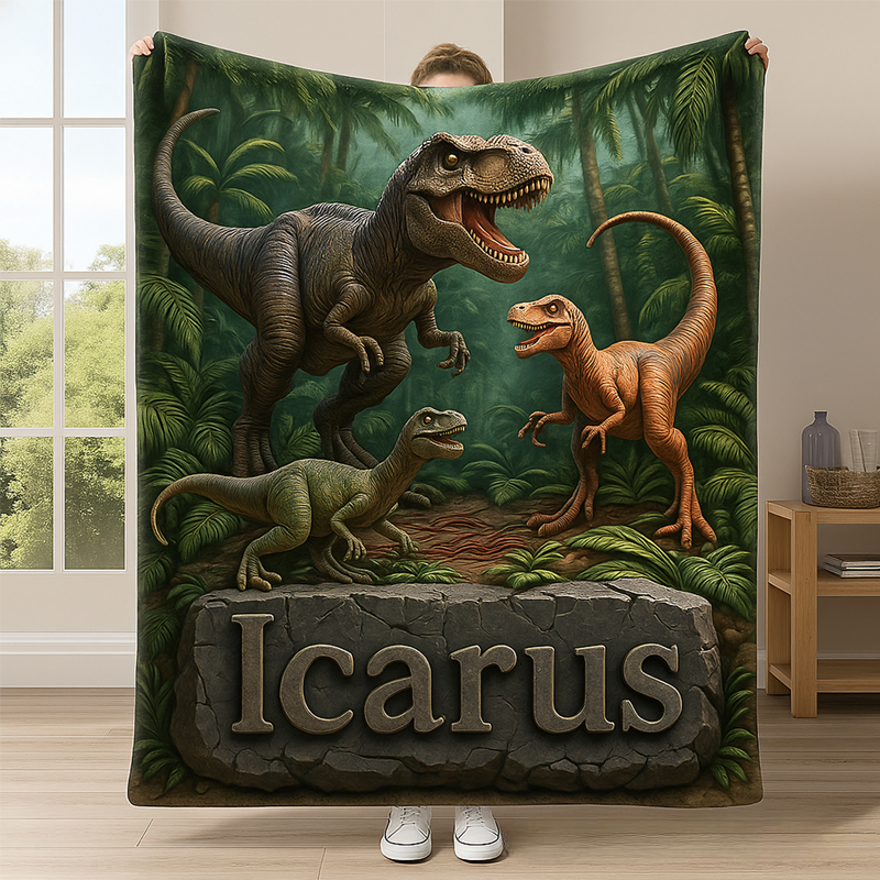 Personalized Dinosaur Themed Blanket with Name Home Decor Birthday Gift for Boys Dinosaur Lovers