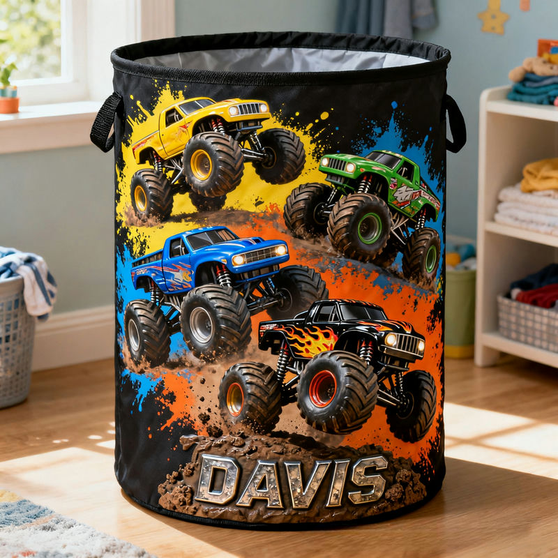 Personalized Monster Truck Themed Laundry Hamper Birthday Gift for Kids