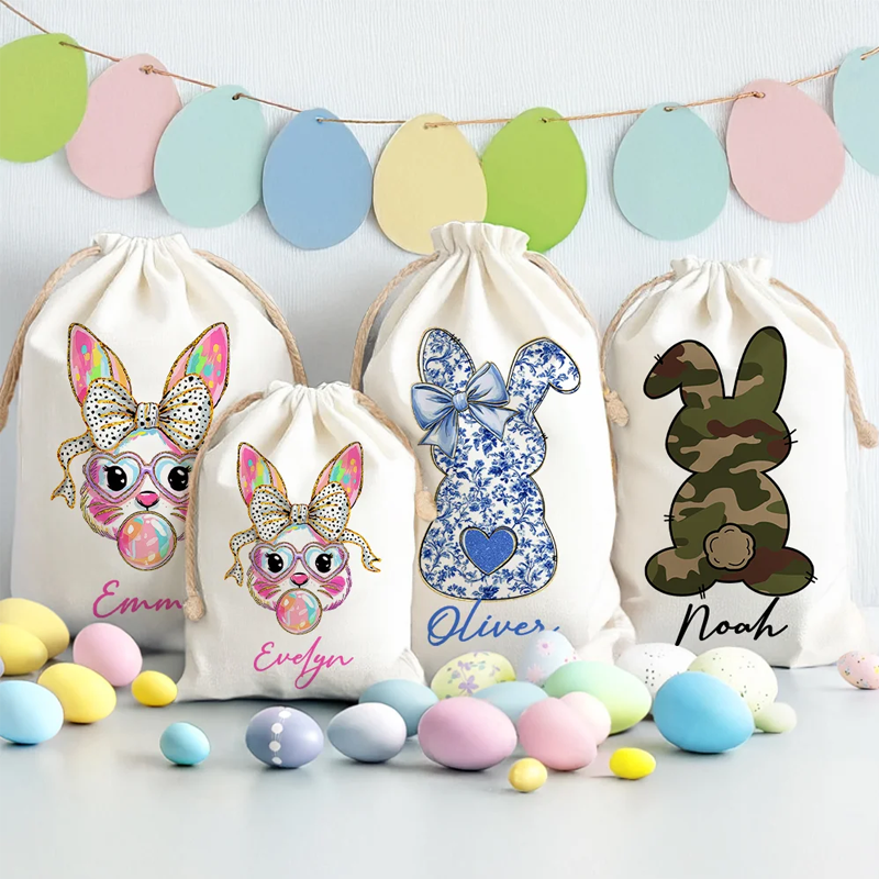 Personalized Cute Bow Bunny Drawstring Gift Bag with Name Easter Party Gift for Kids Family