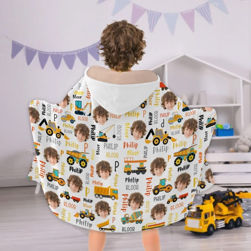 Personalized Truck Excavator Face Photo Soft Hooded Blanket with Initial and Name Birthday Gift for Engineering Vehicle Lover