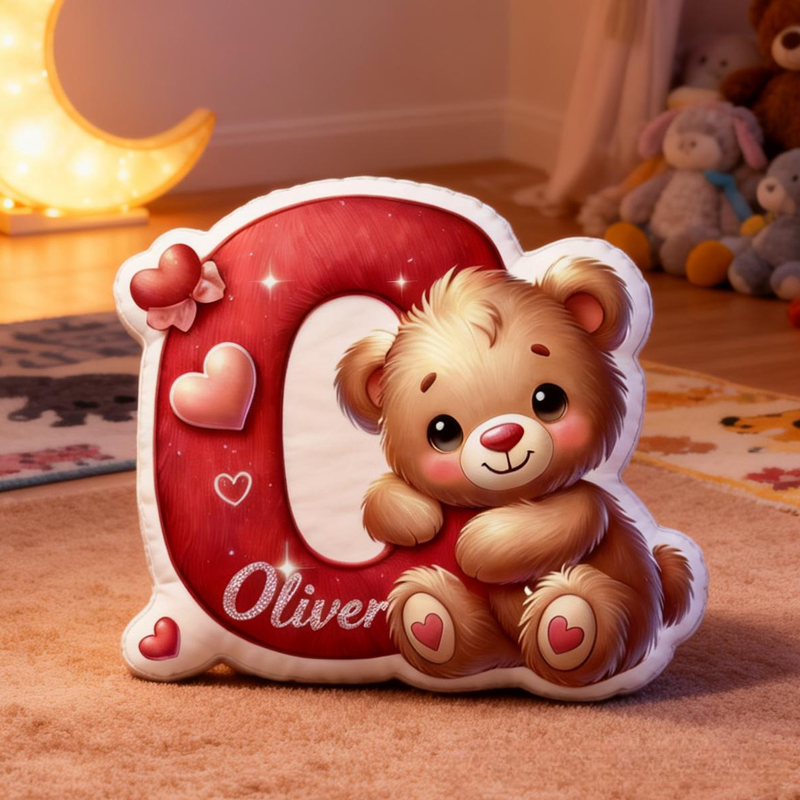 Personalized Cute Romantic Heart Cartoon Bear Initial with Name Graphic 3D Print Pillow Valentine's Day Gifts Funny Gifts