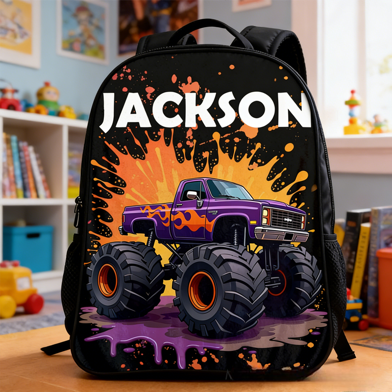 Personalized Big Wheel Off-Road Truck Design and Custom Name Backpack for Kids Black to School Gift 