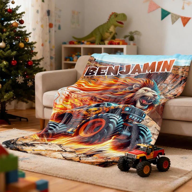 Personalized Monster Cheetah Lion Dinosaur Truck Soft Throw Blanket with Name Birthday Gift for Boys Kids Babies Truck Lovers