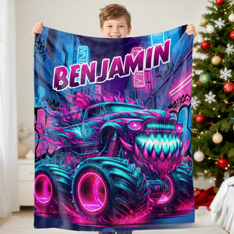 Personalized Monster Neon Truck Soft Throw Blanket with Name Home Decor Birthday Gift for Boys Truck Lovers