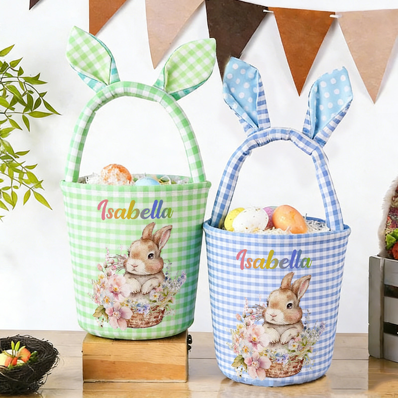 Personalized Easter Bunny Theme Name Gingham Fabric Basket with Ears Kids Egg Hunt Gift Reusable Tote Bag