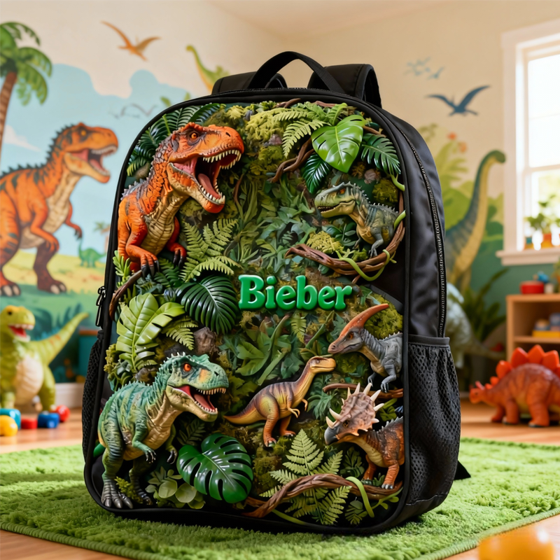 Personalized Cool Dinosaur Design and Custom Name Backpack for Kids Black to School Gift Dinosaur Lover Gift