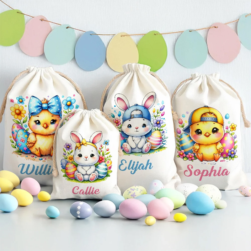 Personalized Cute Cartoon Rabbit Chick Easter Drawstring Gift Bag with Name Birthday Easter Party Gift for Kids Family