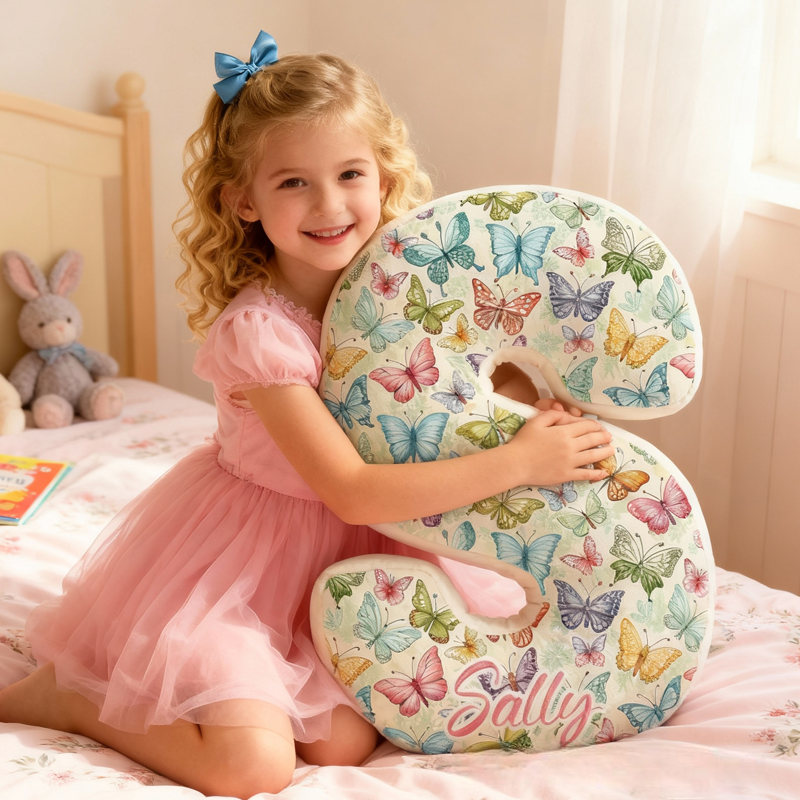 Personalized Butterfly-Patterned Letter with Name Graphic 3D Print Pillow Christmas Gift for Kids or Baby Birthday Gift