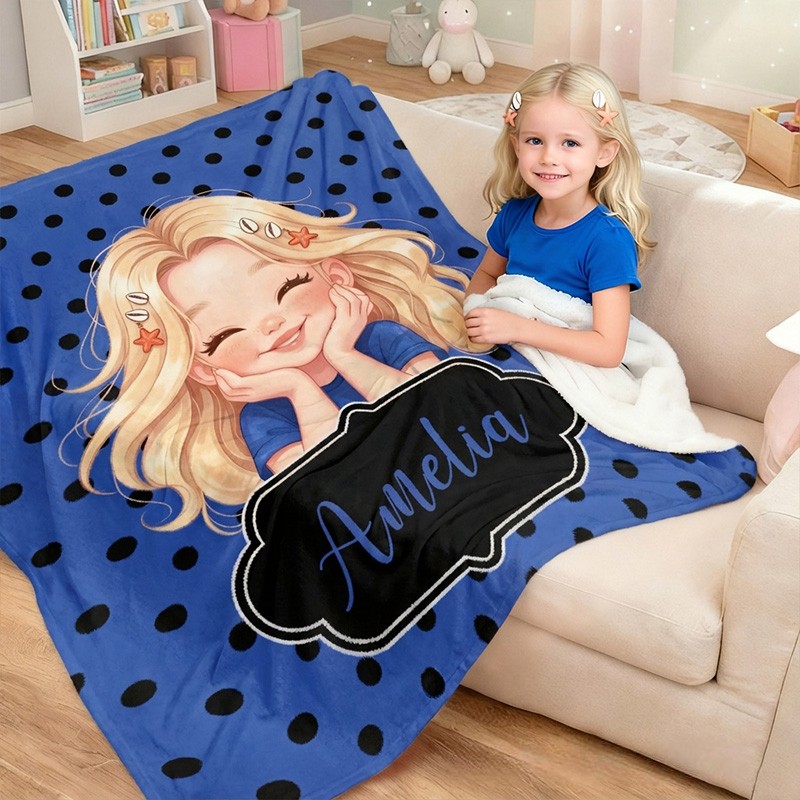 Personalized Girl Theme Custom Name Cute Pink Polka Dot Cartoon Character Style Soft Blanket