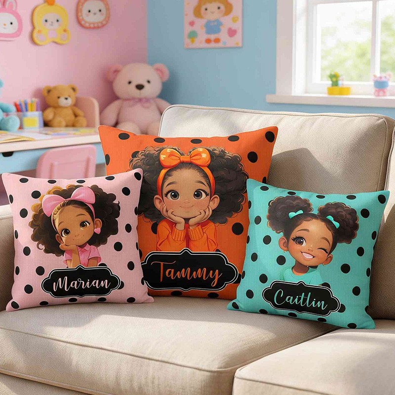Personalized Girl Theme Custom Name Cute Pink Polka Dot Cartoon Character Style 3D Print Pillow