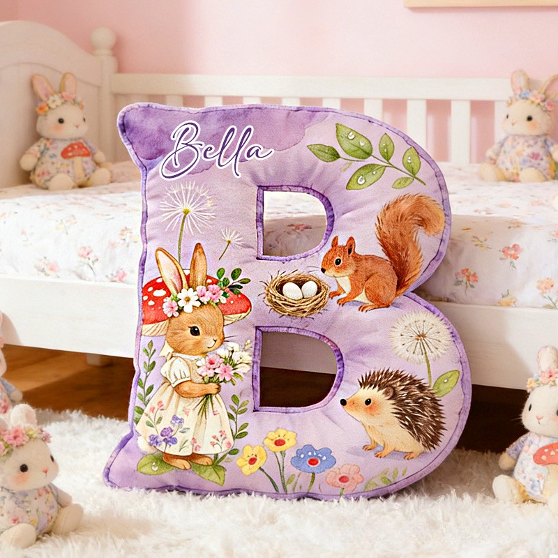 Personalized Woodland Animal Theme Custom Name Cute Bunny Hedgehog and Squirrel Pattern 3D Print Pillow