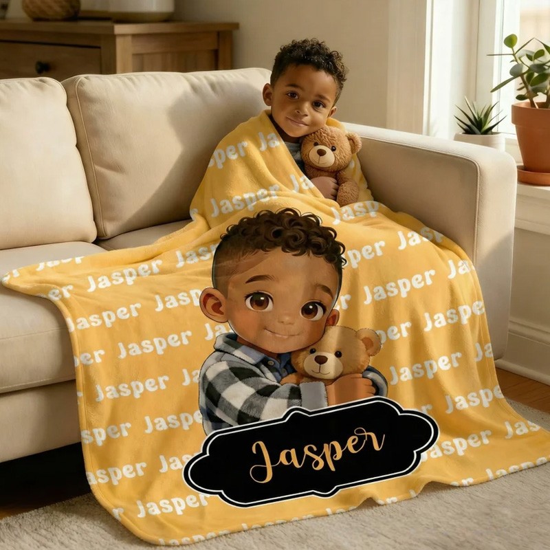 Personalized Cute Cartoon Little Black Boy Soft Throw Blanket with Name Home Decor Birthday Anniversary Gift for Boys