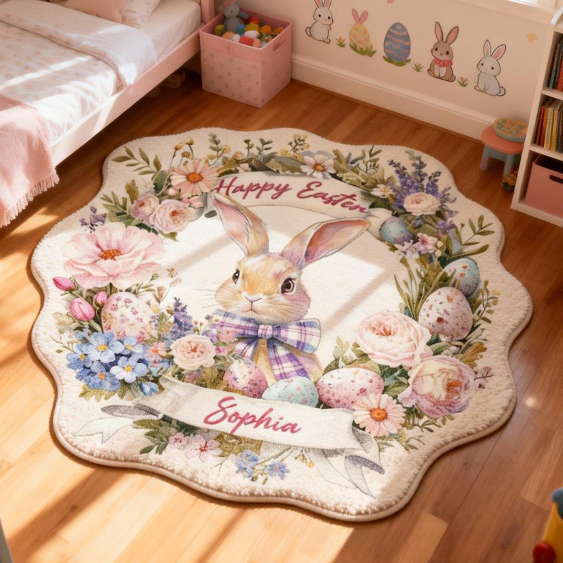 Personalized Bunny Theme Custom Name Cute Easter Rabbit with Floral Wreath Pastel Carpet Rug for Kids