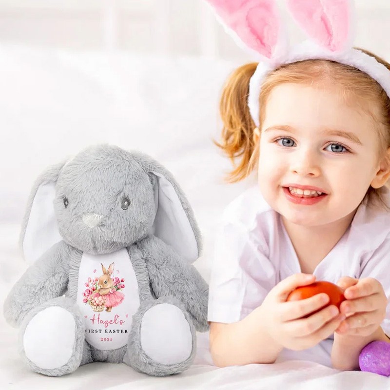 Personalized First Easter Cute Bunny Plush Stuffed Animal Toy with Name and Year Holiday Baby Shower Gift for Boys Girls