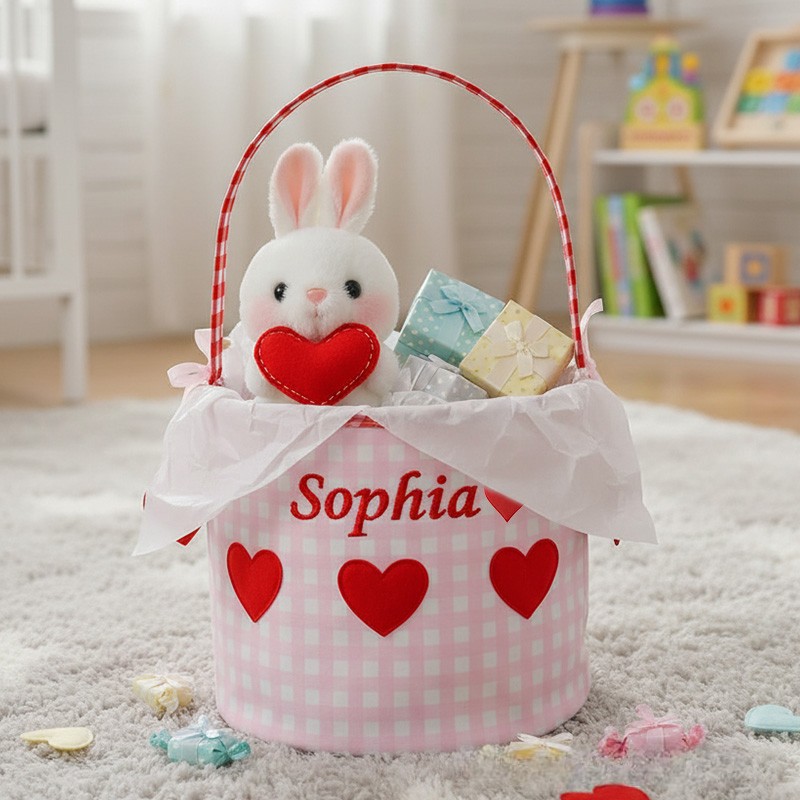 Personalized Gingham Heart Bucket Bag with Embroidered Name Birthday Valentine's Day School Exchange Gift for Kid