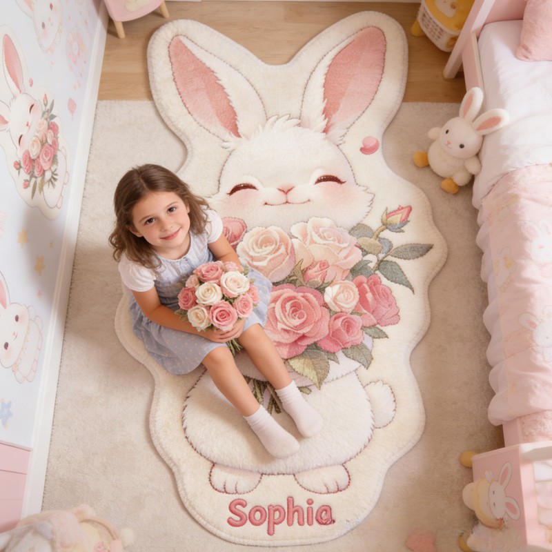Personalized Rabbit Theme Custom Name Adorable Bunny with Floral Bouquet Cozy Carpet Rug for Kids