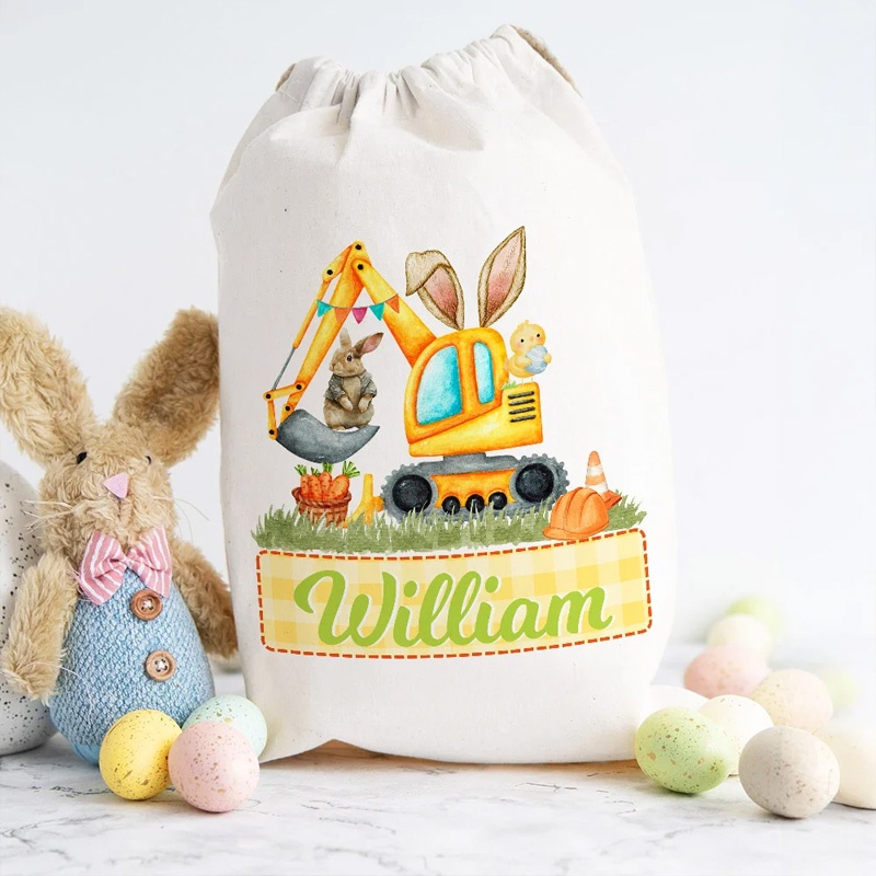 Personalized Cute Bunny Ears Excavator Design Drawstring Treat Bag with Multicolor Name Easter Birthday Party Gifts for Kids
