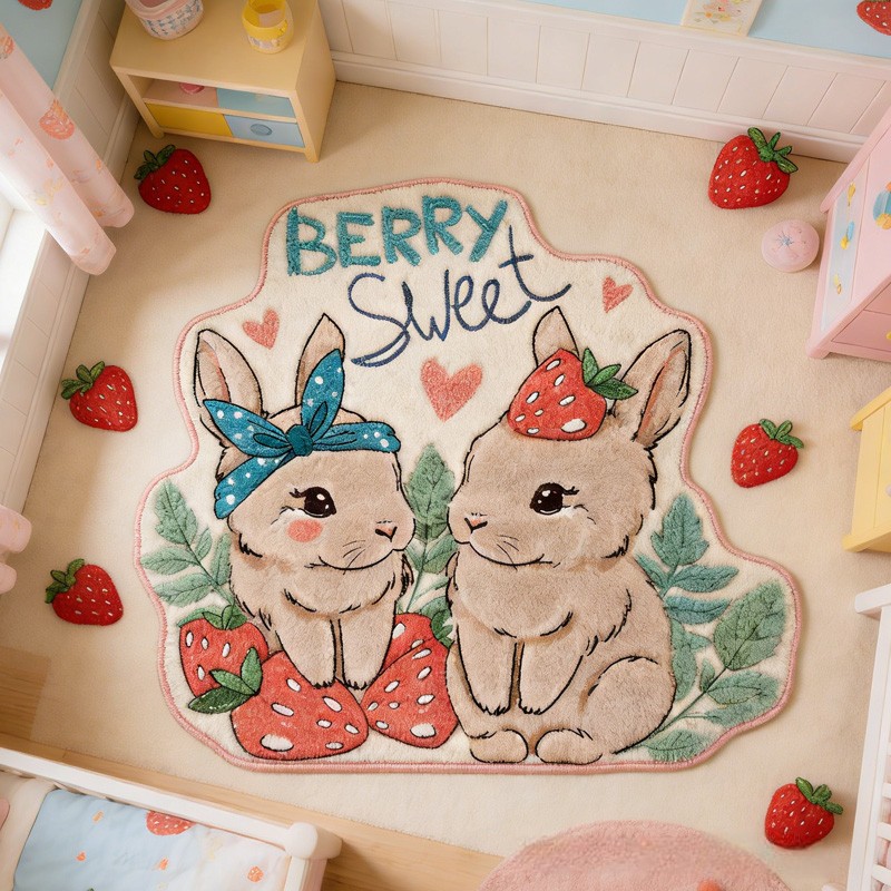 Personalized Bunny Theme Custom Name Cute Rabbits with Strawberries Sweet Pastel Carpet Rug for Kids