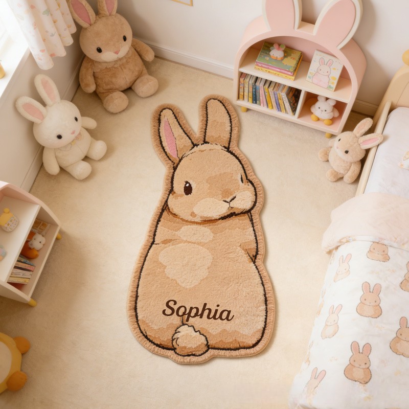 Personalized Cute Bunny Theme Custom Name Fluffy Animal Shape Warm Nursery Carpet Rug for Kids