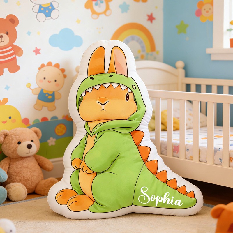 Personalized Bunny Theme Custom Name Cute Rabbit Wearing Green Dinosaur Costume 3D Print Pillow