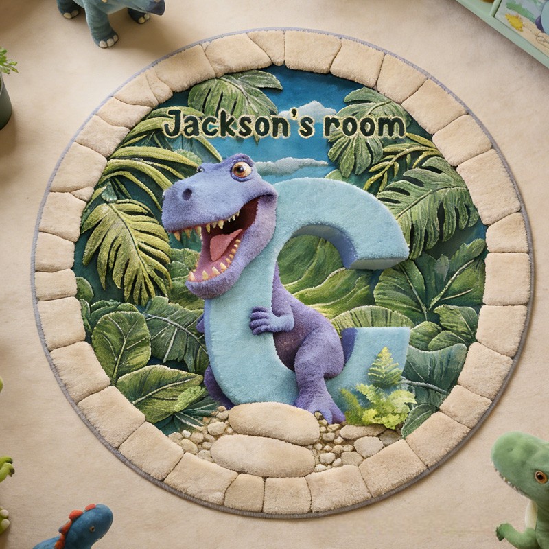 Personalized Dinosaur Theme Custom Name Jungle Adventure Green T Rex Playtime Carpet Rug for Kids