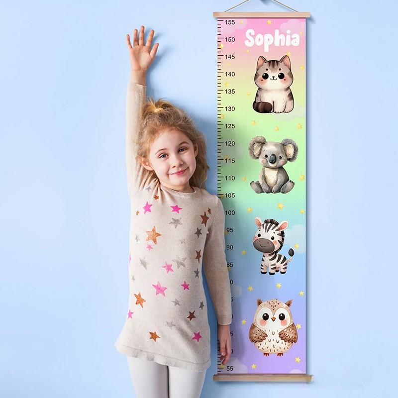 Personalized Stars Clouds Cute Zebra Tiger Forest Animals Hanging Growth Chart with Name Nursery Room Decor Birthday Christmas Gift for Boys Girls