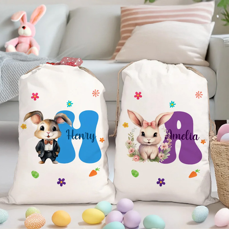 Personalized Watercolor Floral Bunny Name Drawstring Gift Bag with Initial Easter Party Egg Hunting Birthday Gift for Boys Girls