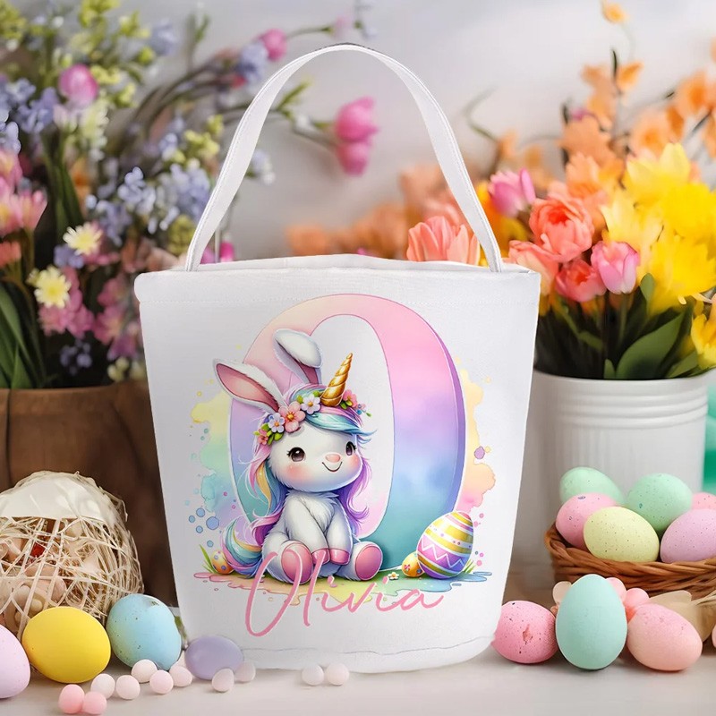 Personalized Cute Fantasy Rainbow Horse Dinosaur Canvas Easter Basket with Initial and Name Party Favor Eggs Hunting Easter Gift for Kids