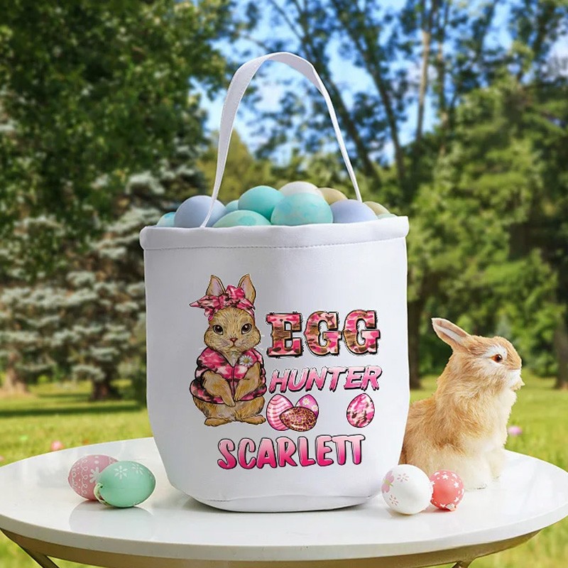 Personalized Cute Bunny Egg Hunter Camouflage Carrot Reusable Canvas Easter Basket with Name Birthday Easter Gift for Kids