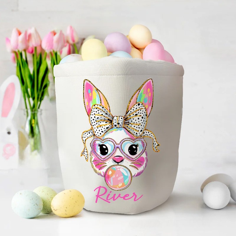 Personalized Cute Bow Bunny Canvas Easter Basket with Name Easter Eggs Hunting Party Favor Gift for Boys Girls