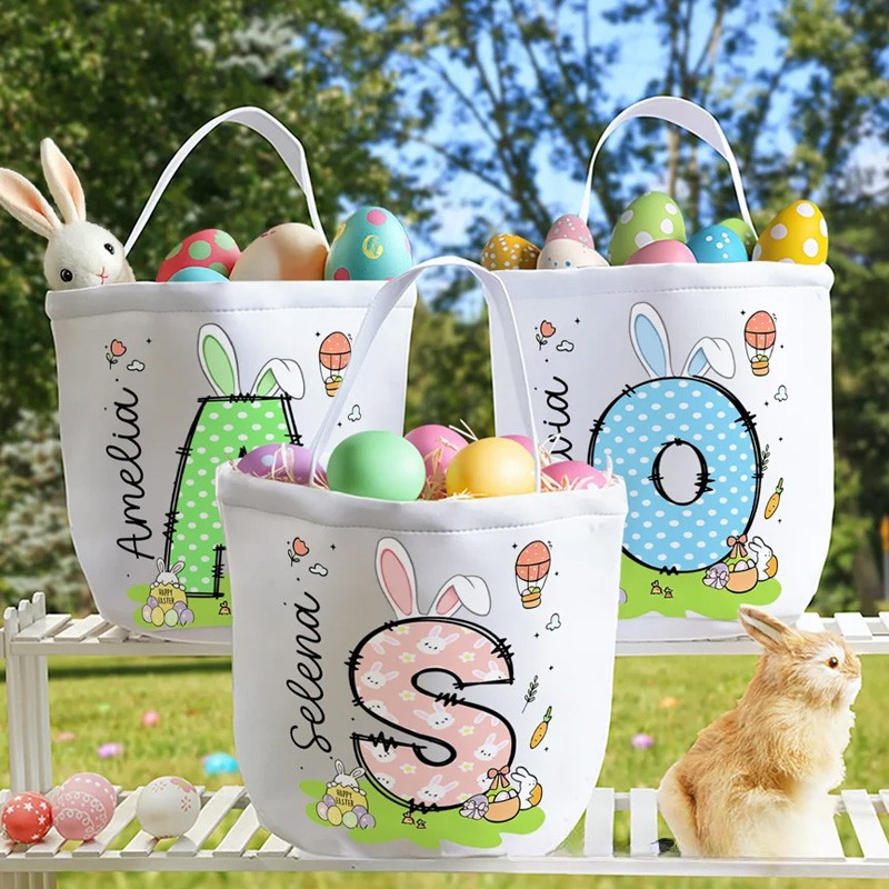 Personalized Bunny Ears Initial Hot Air Balloon Canvas Easter Basket with Name Eggs Hunting Party Easter Gift for Kids