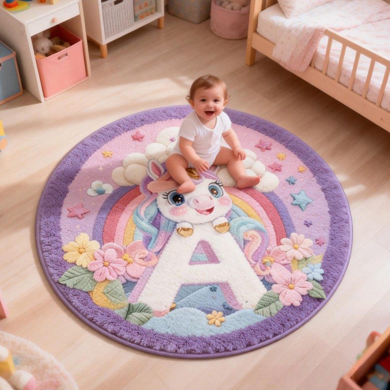 Personalized Dream Horse Theme Custom Name Rainbow Cloud Magical Letter A Round Carpet Rug for Kids