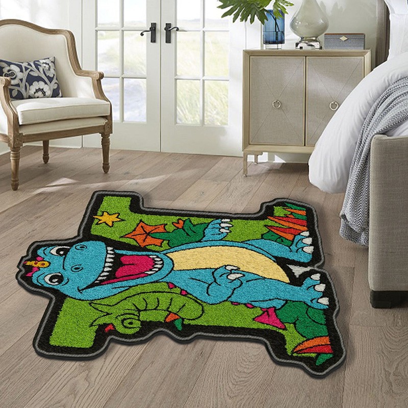 Personalized Dinosaur Theme Custom Name Green Blue T Rex Fun Cartoon Style Carpet Rug for Kids