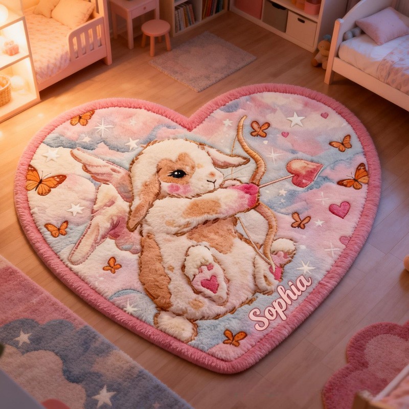 Personalized Bunny Angel Theme Custom Name Heart Shape Cute Pink Cloud Style Carpet Rug for Kids