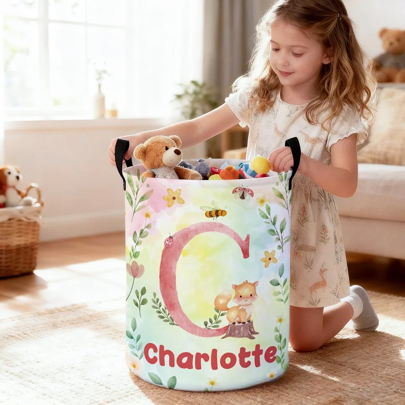 Personalized Cartoon Forest Animal Laundry Storage Basket with Name and Initial Daily Use Birthday Gift for Friend Family