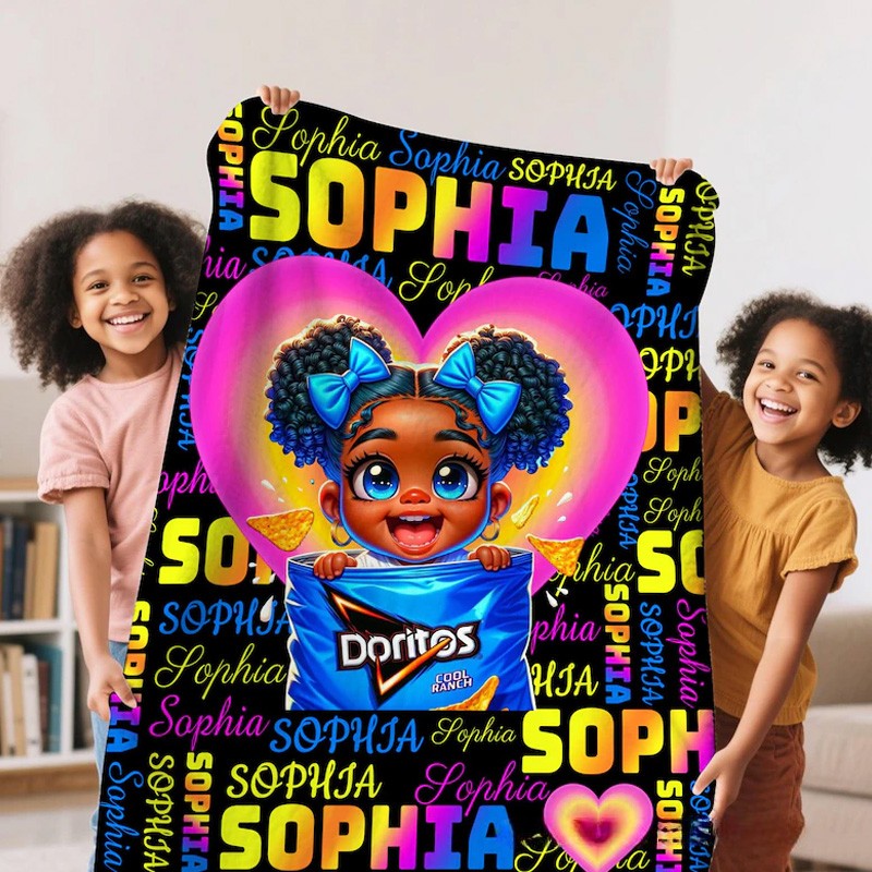 Personalized Cute Girl Theme Custom Name Pink Heart Background Afro Hair Bow Art Design Blanket