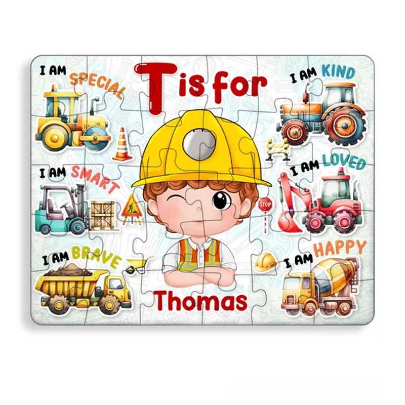 Personalized Fun Construction Theme Custom Name Photo Face Alphabet Learning Truck Pattern Puzzle