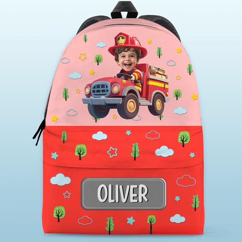 Personalized Cute Construction Theme Custom Name Photo Face Yellow Dump Truck Pattern Kids Backpack