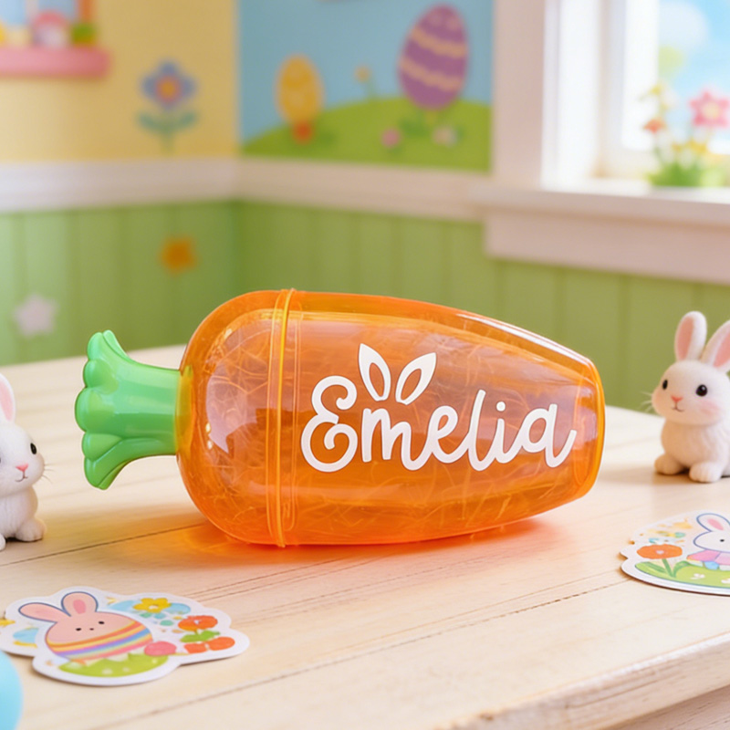 Personalized Easter Bunny Theme Name Reusable Candy Container Kids Spring Party Favor Gift Basket Filler Carrot Treat Holder