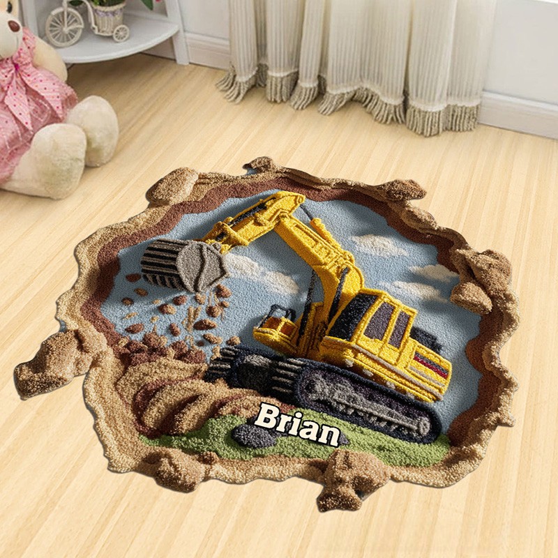 Personalized Awesome Construction Vehicle Theme Custom Name Realistic Worksite Design Carpet Rug for Kids