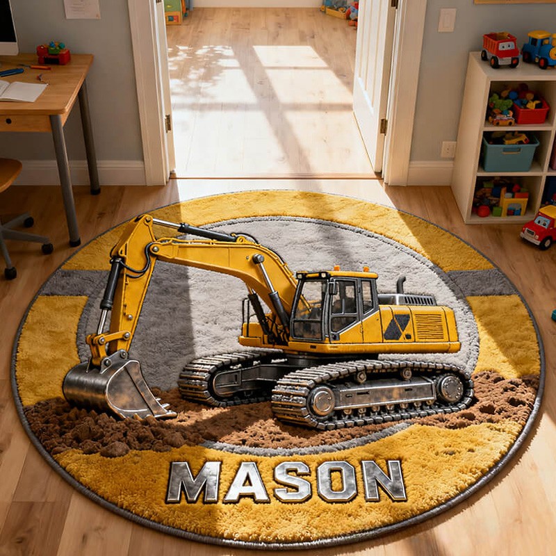 Personalized Unique Builder Theme Custom Name Heavy Equipment Machine Design Carpet Rug for Kids