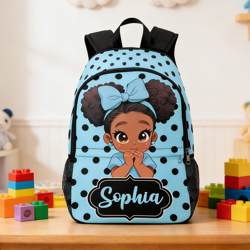 Personalized Adorable Cartoon Girl Theme Custom Name Black Bow Blue Background Kids Backpack